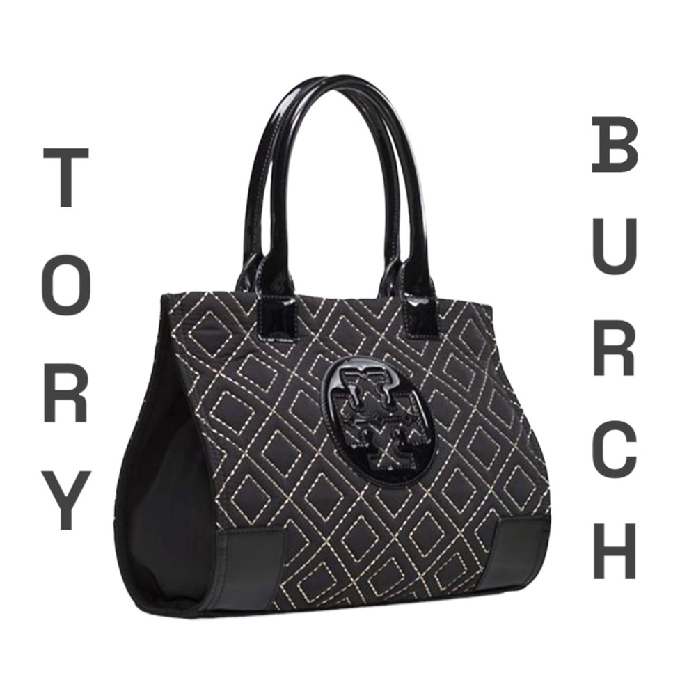Tory Burch Elle Mini Black Tote with Gold Thread Woven Quilted Nylon